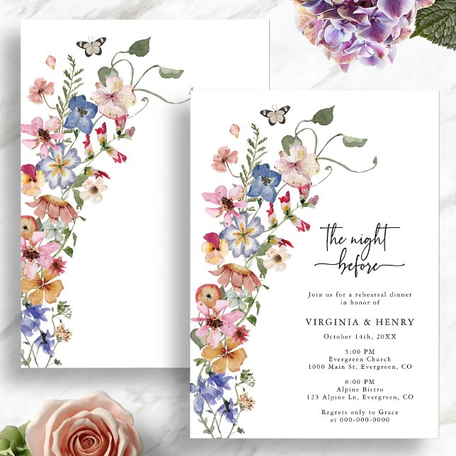 Färgrik Inbjudan till kvällen före (Colorful Wildflower The Night Before Invitation with Butterfly by Painted Paperie
)