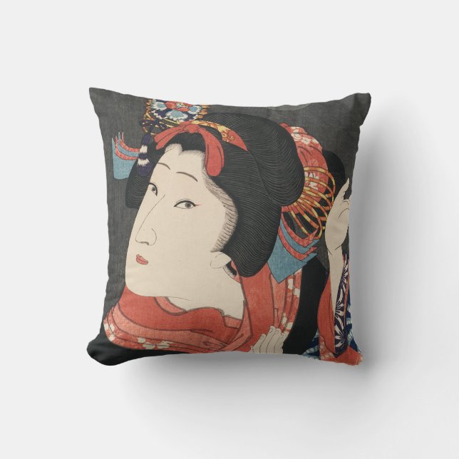 Färgrik japansk kvinnavintagemålning kudde (Framsida)