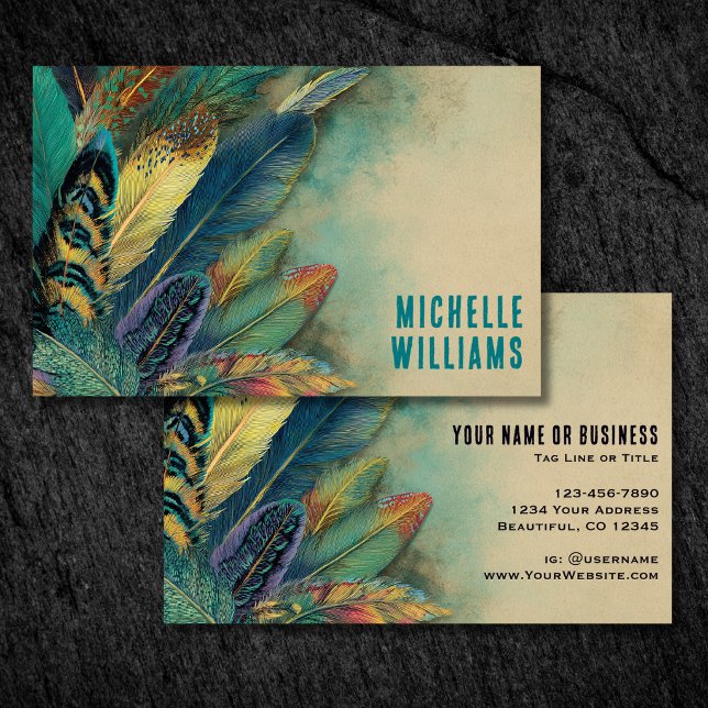 Färgrik jordnära Boho-fjädrar | Turkos Teal Visitkort (Colorful Earthy Boho Feathers  Turquoise Teal Business Card)