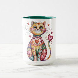 Färgrik kaffemugg med design av katt och hjärtan