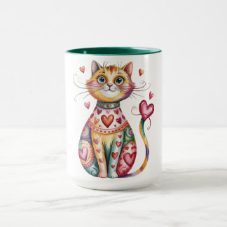 Färgrik kaffemugg med design av katt och hjärtan