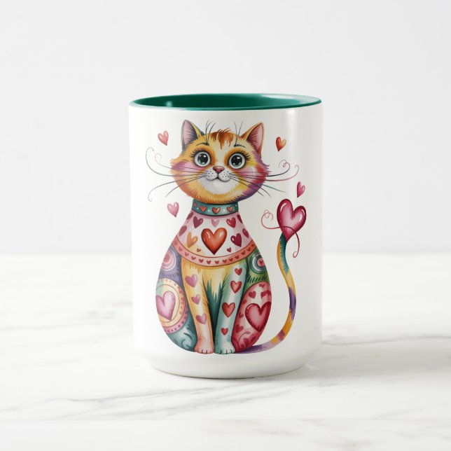 Färgrik kaffemugg med design av katt och hjärtan (Center)
