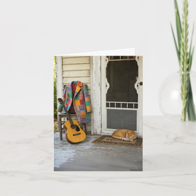 Färgrik kappa med gitarr och katt kort (Framsida)