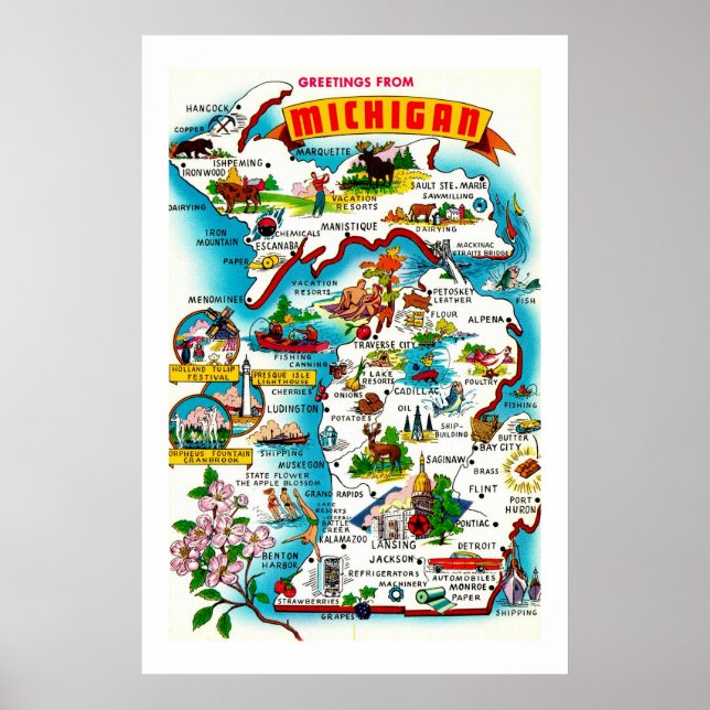 Färgrik karta över Michigan tryck (Framsidan)