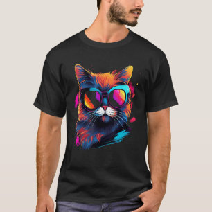 Färgrik kattdesign, svart, gul, vit, blå, t shirt