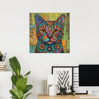 Färgrik Kattporträtt Mandala Livfull Väggkonst