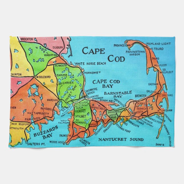 Färgrik Kökshandduk med karta över Cape Cod (Horisontell)