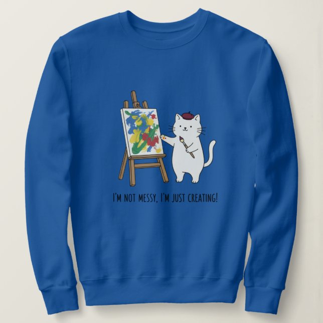 Färgrik konst vit katt konstnär blå mysig design t shirt (Design framsida)