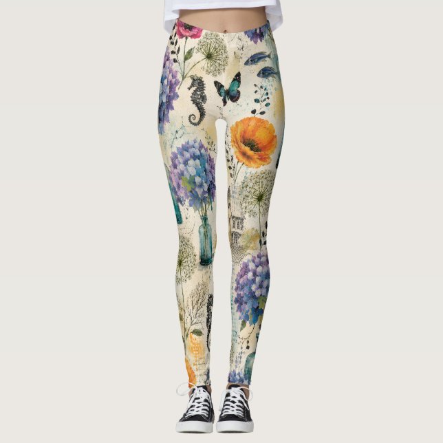 Färgrik kustbotanisk akvarellmönster leggings (Framsida)