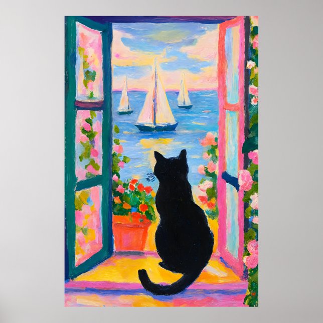 Färgrik kustkattsmålning fönster segelbåtar poster (Framsidan)