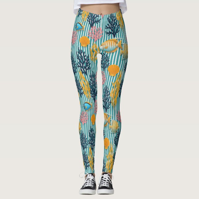 Färgrik kustnära havslivsmönster (12) leggings (Framsida)