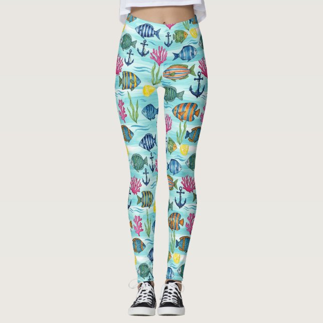 Färgrik kustnära havslivsmönster (3) leggings (Framsida)