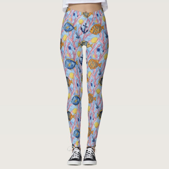 Färgrik kustnära havslivsmönster (9) leggings (Framsida)