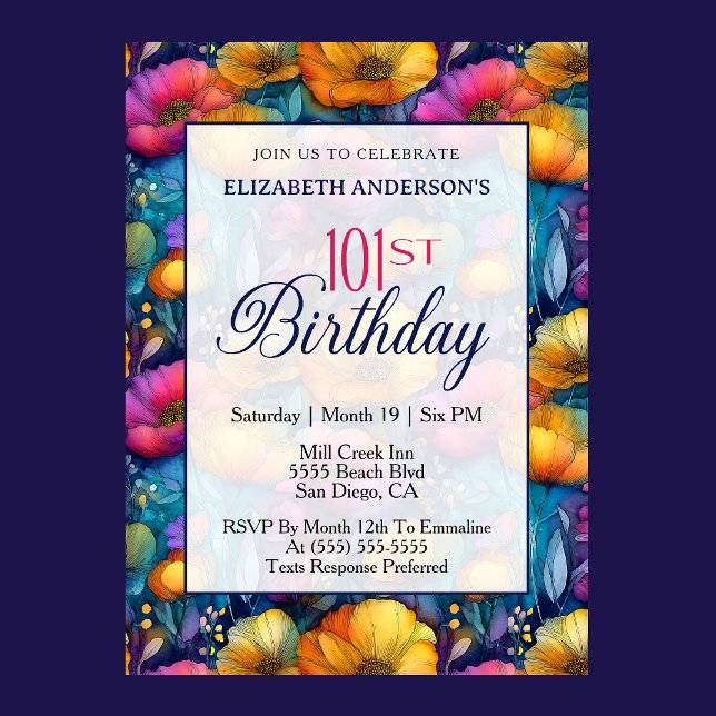 Färgrik Livfull Vallmo Blomma 101-årsdag Inbjudningar (Colorful vibrant poppy flowers 101st birthday invitation for woman milestone celebration
)