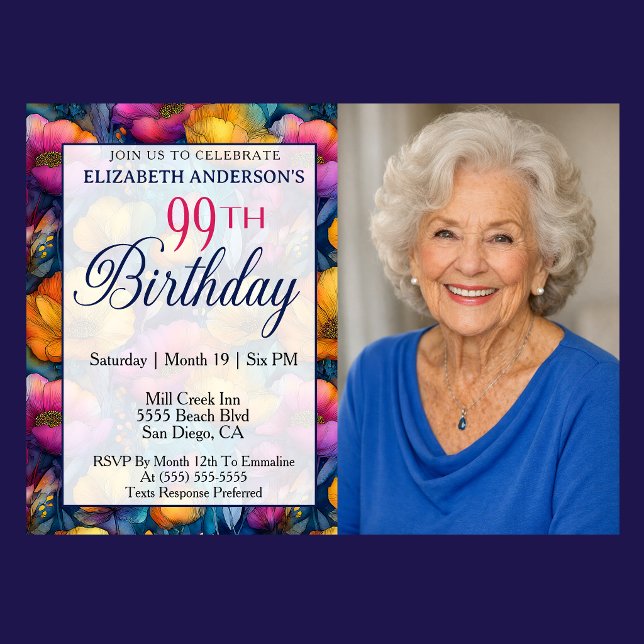 Färgrik Livfull Vallmo Blomma 99-års Födelsedags F Inbjudningar (Colorful poppy floral 99th birthday photo invitation for woman milestone birthday celebration )