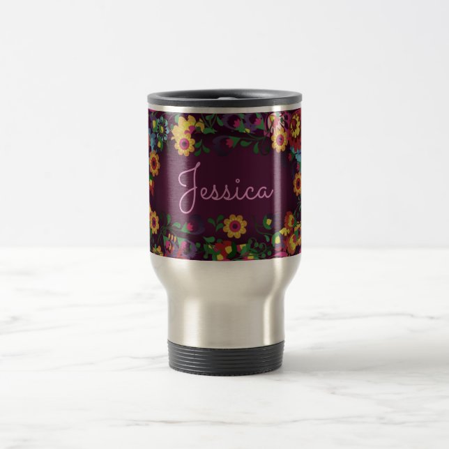 Färgrik livlig blommönster lila personlig resemugg (Center)