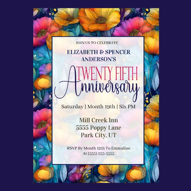 Färgrik Livlig Poppy 25-års bröllopsjubileum Inbjudningar (Colorful poppy floral 25thth wedding anniversary invitation with vibrant botanical border
)