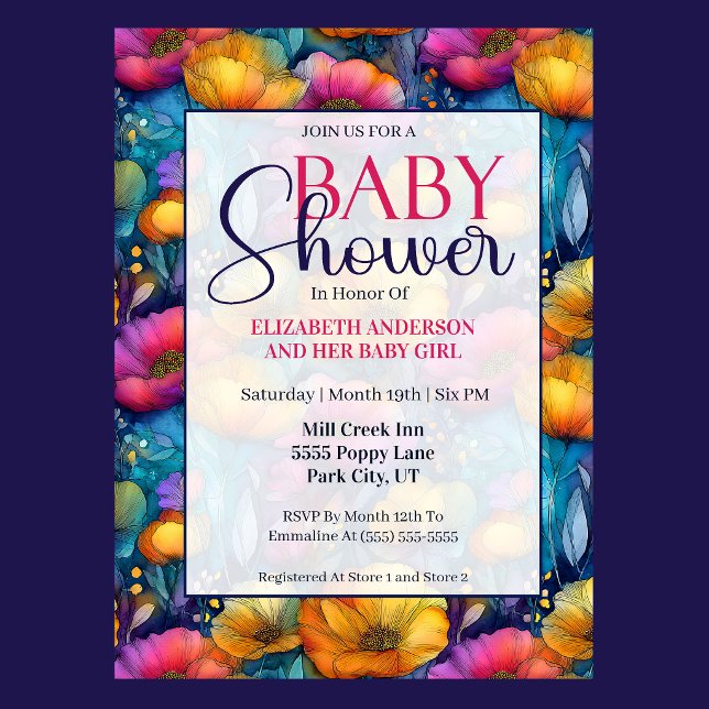 Färgrik Livlig Poppy Blomma Flicka Bebis Bada Show Inbjudningar (Colorful vibrant poppy flower baby shower invitation with elegant floral border )