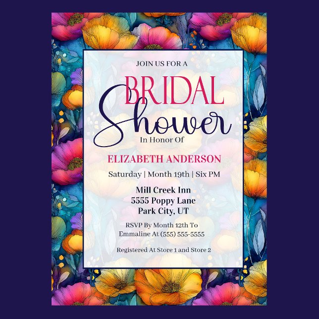 Färgrik Livlig Poppyblomma Bröllopsdusch Inbjudningar (Colorful vibrant poppy flower bridal shower invitation with elegant floral border )