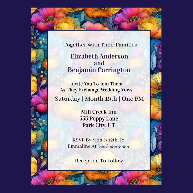 Färgrik Livlig Vallmo Blom-Högtid Inbjudningar (Colorful vibrant poppy flower wedding invitation with elegant floral border )