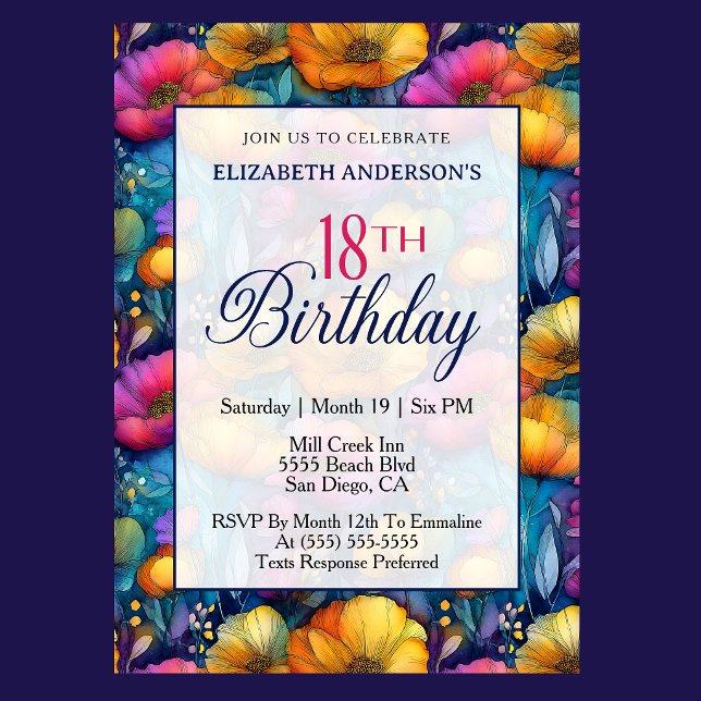 Färgrik Livlig Vallmo Blomma 18-årsdag Inbjudningar (Colorful poppy flower 18th birthday invitation with vibrant floral border and elegant script design
)