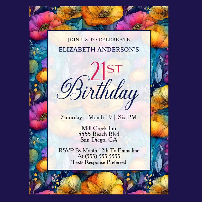 Färgrik Livlig Vallmo Blomma 21-årsdag Inbjudningar (Colorful poppy floral 21st birthday invitation for woman milestone birthday celebration )