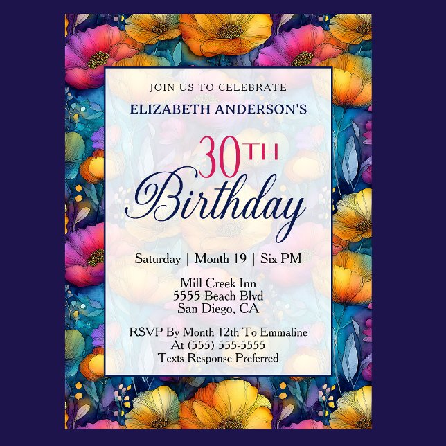 Färgrik Livlig Vallmo Blomma 30-års Födelsedag Inbjudningar (Colorful poppy floral 30th birthday invitation for woman milestone birthday celebration )