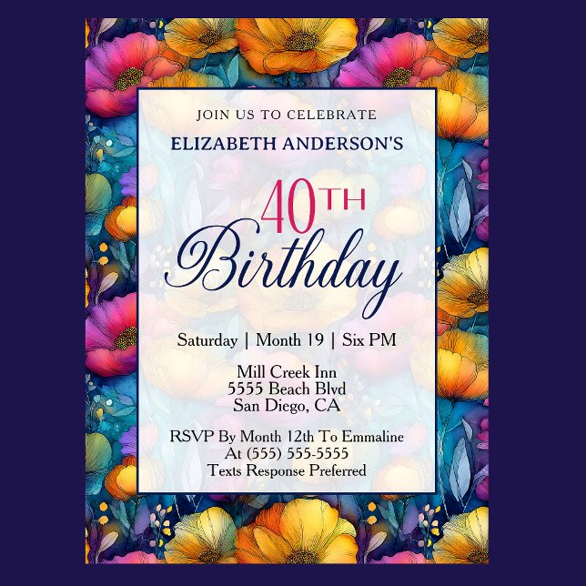 Färgrik Livlig Vallmo Blomma 40-års Födelsedag Inbjudningar (Colorful poppy floral 40th birthday invitation for woman milestone birthday celebration )