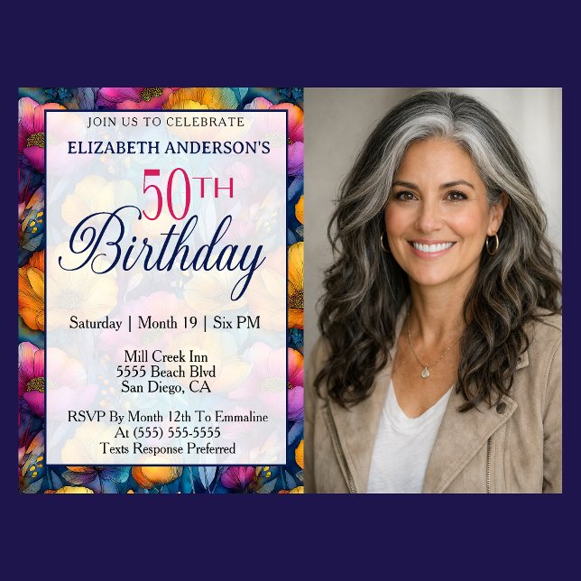 Färgrik Livlig Vallmo Blomma 50-års Födelsedags Fo Inbjudningar (Colorful poppy floral 50th birthday photo invitation for woman milestone birthday celebration )