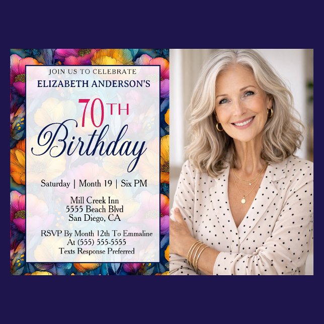 Färgrik Livlig Vallmo Blomma 70-års Födelsedags Fo Inbjudningar (Colorful poppy floral 70th birthday photo invitation for woman milestone birthday celebration )