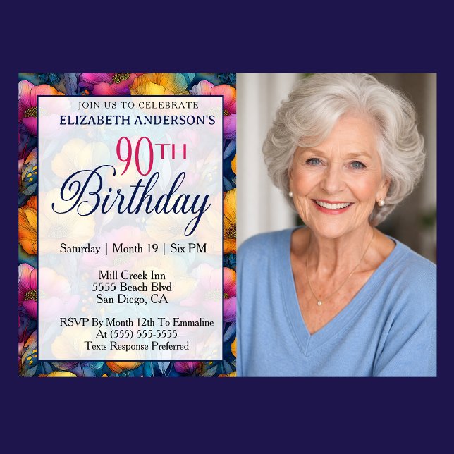 Färgrik Livlig Vallmo Blomma 90-års Födelsedags Fo Inbjudningar (Colorful poppy floral 90th birthday photo invitation for woman milestone birthday celebration )