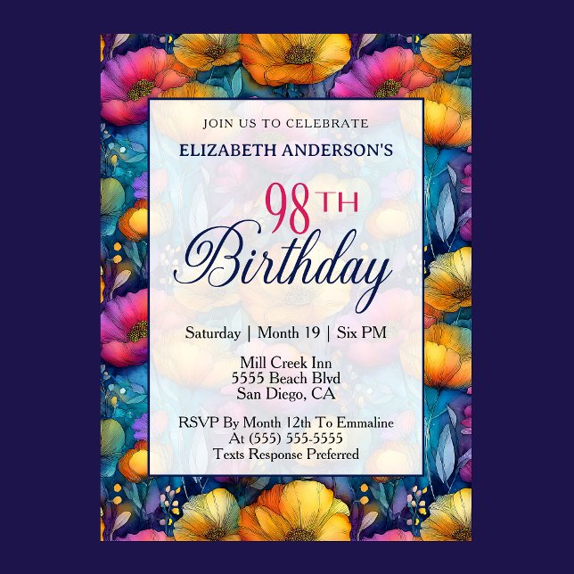 Färgrik Livlig Vallmo Blomma 98-årsdag Inbjudningar (Colorful vibrant poppy flowers 98th birthday invitation for woman milestone celebration
)