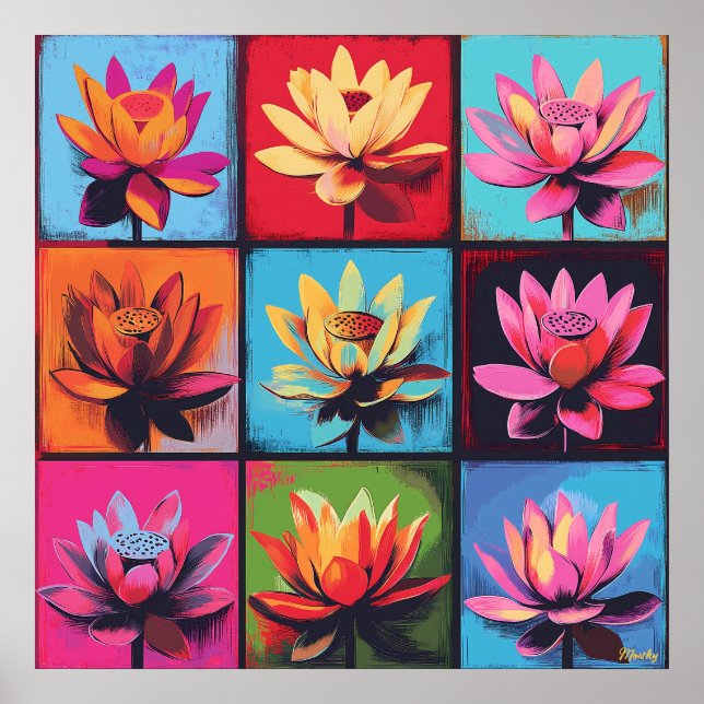 Färgrik Lotus Grid Popkonst – Levande Blommig Vägg Poster (Framsidan)