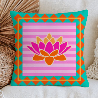 Färgrik Lotus på Rosa Ränder BOHO Chic Blommig Kudde