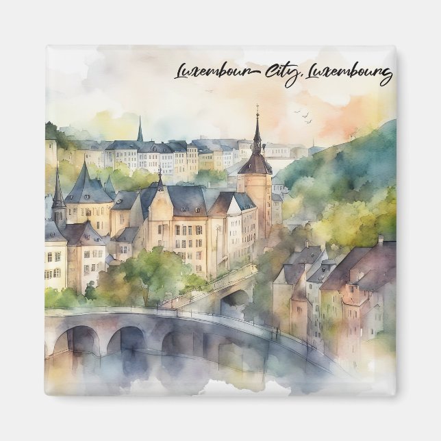 Färgrik Luxemburg Stad Akvarell Målning  Magnet (Framsidan)