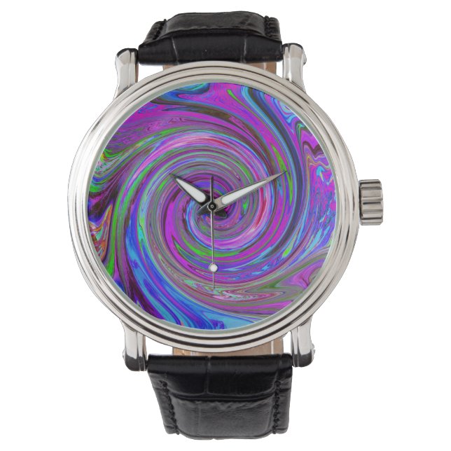Färgrik Magenta Virvel Retro Abstrakt Design Armbandsur (Framsida)