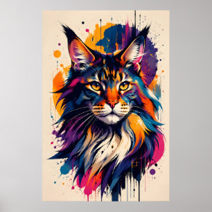 Färgrik Maine Coon kattporträtt i digital konststi Poster