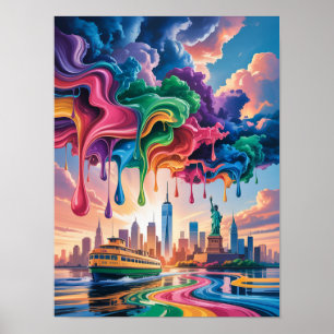 Färgrik målarfärg droppande över NYC hamn Poster