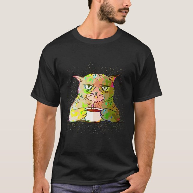 Färgrik Målarstänk Sömnig Katt Kaffe T Shirt (Framsida)