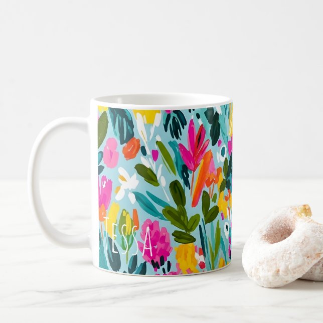 Färgrik, målerisk botanisk konst kaffemugg (Med munk)
