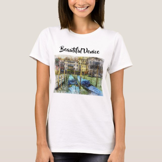 Färgrik målning av venetianska blå gondoler t shirt (Framsida)