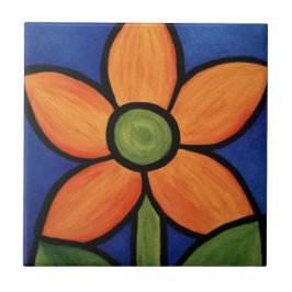 Färgrik målning för orange blommablå himmel kakelplatta