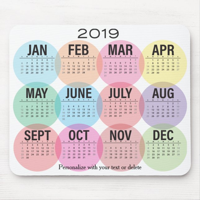 Färgrik månaddesign för 2019 kalender musmatta (Framsidan)