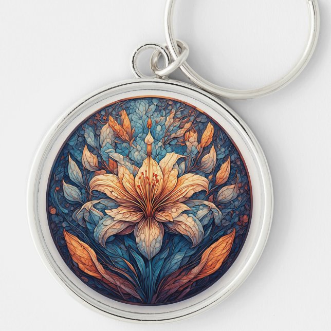 Färgrik Mandala Blomdesign Rund Silverfärgad Nyckelring (Framsidan)