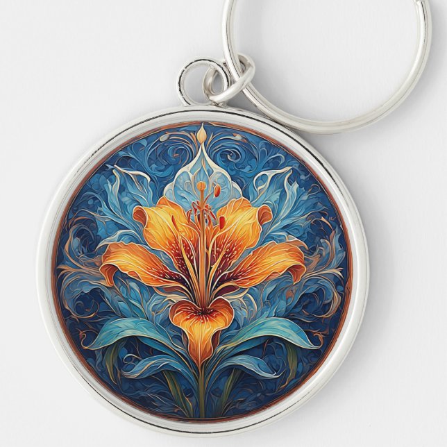 Färgrik Mandala Blomdesign Rund Silverfärgad Nyckelring (Framsidan)