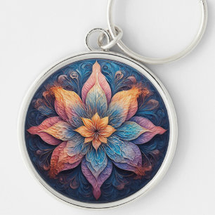 Färgrik Mandala Blomdesign Rund Silverfärgad Nyckelring
