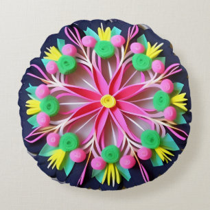 Färgrik Mandala-blomma Rund Kudde