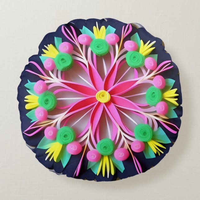 Färgrik Mandala-blomma Rund Kudde (Framsidan)