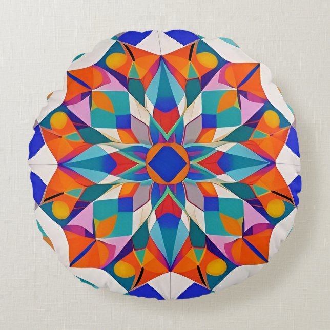 Färgrik Mandala-blomma Rund Kudde (Framsidan)