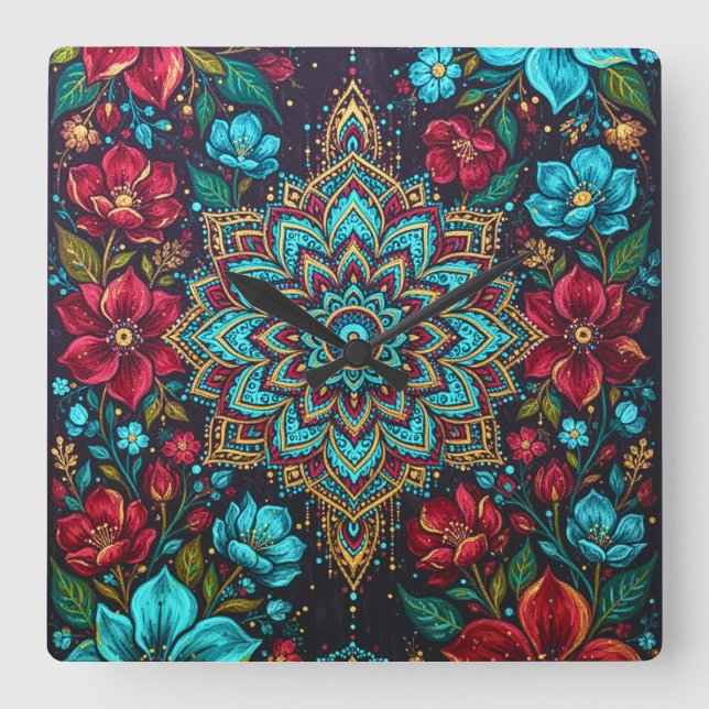 Färgrik Mandala Blommig Väggklocka | Boho Hem Inre (Framsida)